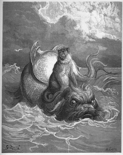 Los monos y el delfín - de "Fábulas" de Jean de La Fontaine de Gustave Dore
