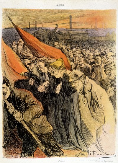 Muchedumbre curvada con banderas rojas, "La Grève" de Flaschoën, deb. 20º s. de Gustave Flasschoen