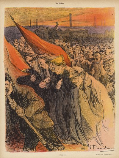 Huelga industrial: El éxodo, c.1902 (litografía en color) de Gustave Flasschoen