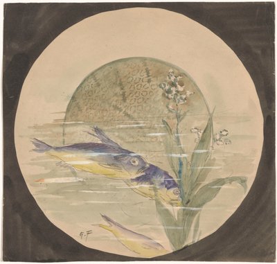 Diseño de un cartel con tres peces azules y amarillos que nadan hacia abajo cerca de una planta acuática de Gustave Fraipont (signed by artist)