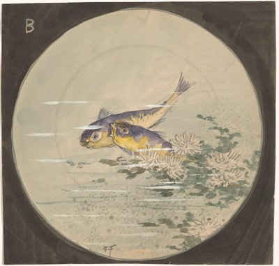 Diseño para un cartel con dos peces azules y amarillos cerca de nenúfares de Gustave Fraipont (signed by artist)
