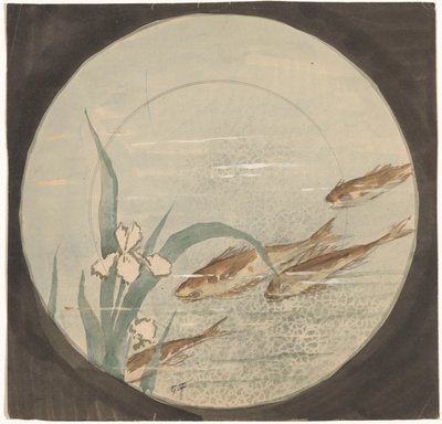 Diseño para un cartel que muestra cuatro peces marrones que nadan hacia abajo cerca de un lirio blanco de Gustave Fraipont (signed by artist)