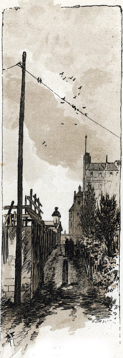 Alley between avenue de Versailles and the bank of the Seine, Auteuil, paris (Callejón entre la avenida de Versalles y la orilla del Sena, barrio de Auteuil, París) Dibujo de Gustave Frainpont (1849-1923) realizado en Saint-Juirs de Gustave Fraipont