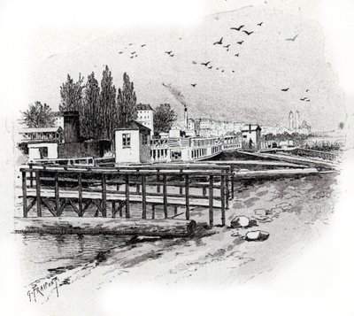 Atelier de repparation des bateau omnibus (Bateau-bus) à Paris (Talleres de reparación de autobuses acuáticos (barcos de cercanías) en el río Sena en París) Dibujo de Gustave Fraipont (1849-1923) extraído de "La seine a travers Paris" de Saint-Juirs. de Gustave Fraipont