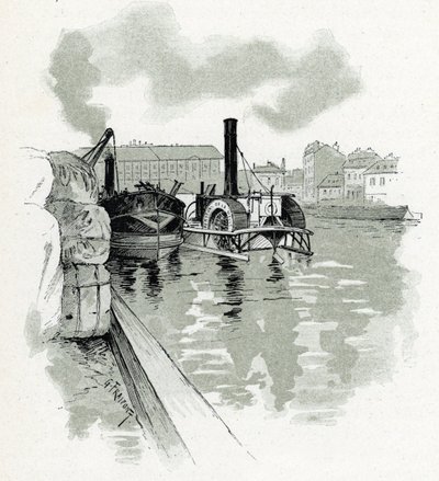 Barcos atracando en el puerto de La Villette, París (Barcos en el puerto de La Villette, París) Dibujo de Gustave Fraipont (1849-1923) extraído de "La seine a travers Paris" de Saint-Juirs de Gustave Fraipont