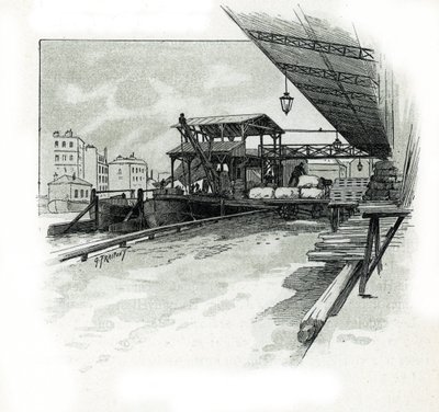 Muelles del puerto de La villette, París Dibujo de Gustave Fraipont (1849-1923) extraído de "La seine a travers Paris" de Saint-Juirs de Gustave Fraipont