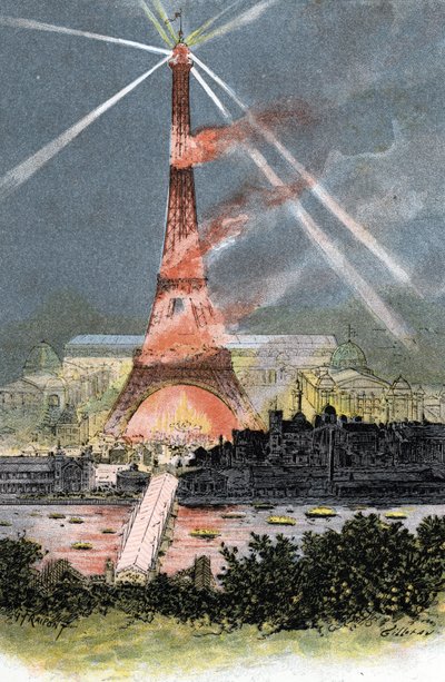 Torre Eiffel iluminada durante la Exposición Universal de París de 1889 Dibujo de Gustave Fraipont (1849-1923) extraído de "La seine a travers Paris" de Saint-Juirs de Gustave Fraipont