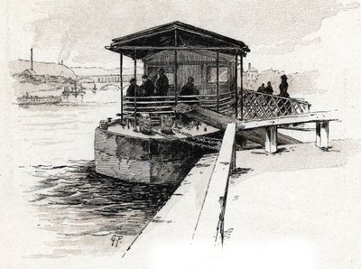 Embarcadere des Bateaux-mouches sur la Seine, Paris (Vista del embarcadero de barcos turísticos en el río Sena, París) Dibujo de Gustave Fraipont (1849-1923) extraído de "La seine a travers Paris" de Saint-Juirs de Gustave Fraipont