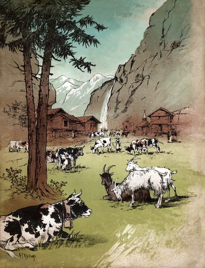 Granja y paisaje en los Alpes suizos, circa 1910 (ilustración) de Gustave Fraipont