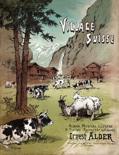 Granja y paisaje en los Alpes suizos, circa 1910 (Ilustración) de Gustave Fraipont