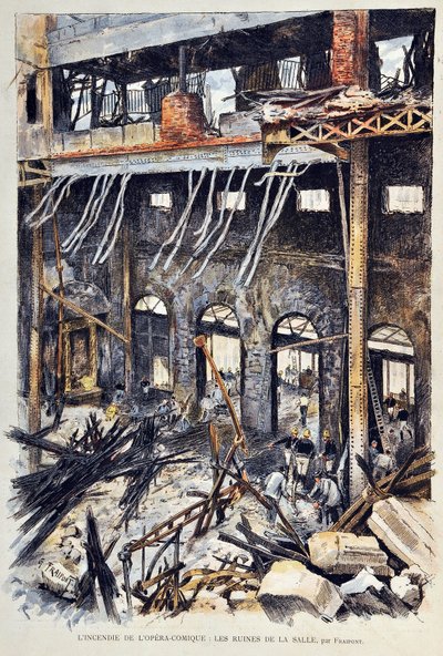 Incendio de la Opera Comique (Opera-Comique) en París el 25 de mayo de 1887 durante la representación del primer acto de "Mignon" de Ambroise Thomas. Las ruinas interiores. Ilustración de Gustave Fraipont (1849-1923) Grabado de 1887 en "Paris-Illustrous jo de Gustave Fraipont