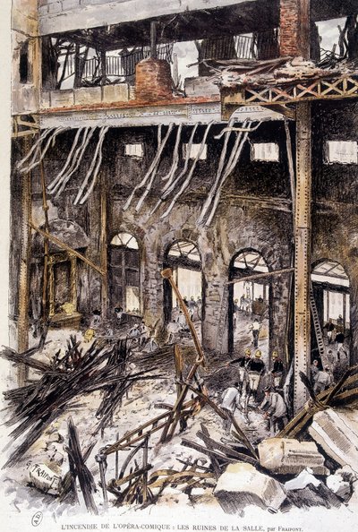 Bomberos trabajando en las ruinas de la sala de la ópera cómica de París tras el incendio, por Fraipont de Gustave Fraipont