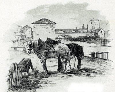 Horses de haulage, quai de la Gironde, Villette (Caballos utilizados para remolcar los barcos del canal saint-denis, quai de la gironde, Villette París) Dibujo de Gustave Fraipont (1849-1923) de Saint-Juirs de Gustave Fraipont