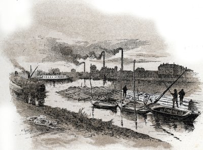 Ivry sur Seine, trenes de madera (Balsas de madera en el río Sena, Ivry-sur-Seine) Dibujo de Gustave Fraipont (1849-1923) extraído de "La seine a travers Paris" de Saint-Juirs de Gustave Fraipont