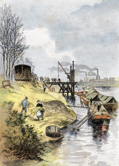 Estibadores cargando manzanas en vagones en el muelle de Bercy, París Dibujo de Gustave Fraipont (1849-1923) extraído de "La seine a travers Paris" de Saint-Juirs de Gustave Fraipont