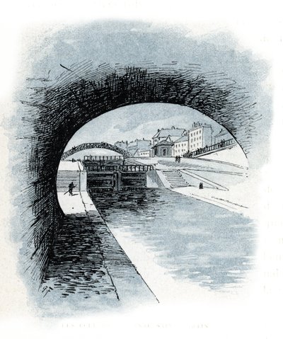 Les ecluses du canal saint Martin, paris (Vista de las esclusas del canal Saint-Martin, París) Dibujo de Gustave Fraipont (1849-1923) extraído de "La seine a travers Paris" de Saint-Juirs de Gustave Fraipont