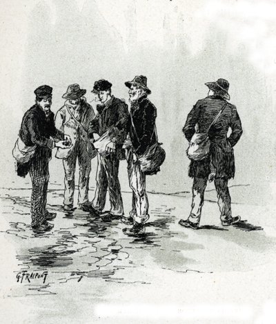 Les marchands de bout de cigare dans quartier Maubert, Paris (Comerciantes callejeros de puntas de cigarros y cigarrillos, barrio de Maubert, París) Dibujo de Gustave Fraipont (1849-1923) extraído de "La seine a travers Paris" de Saint-Juirs de Gustave Fraipont