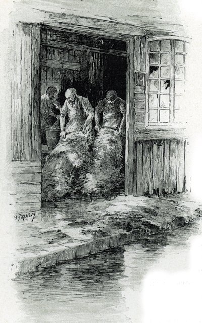 Megissiers de la rue des gobelins en París (Curtidores trabajando cueros y pieles de animales en la rue des Gobelins, París) Dibujo de Gustave Frainpont (1849-1923) extraído de "La seine a travers Paris" de Saint-Juirs. de Gustave Fraipont