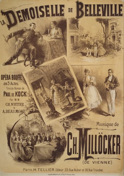 Cartel de La Demoiselle de Belleville, ópera cómica, libreto de Charles Nuitter y Alexandre Beaumont, música de Karl Millocker, Dibujo de Gustave Fraipont, Editorial Tellier, París de Gustave Fraipont