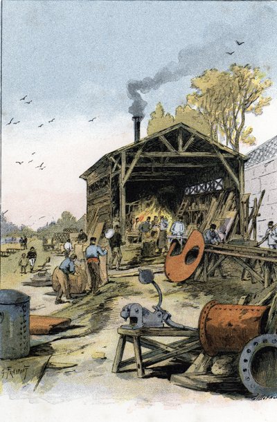 Reparación de barcos en la forja de Point du Jour cerca de Boulogne-Billancourt (Barcos y barcazas reparándose en la forja de Point du jour cerca de Boulogne Billancourt, París) Dibujo de Gustave Fraipont (1849-1923) extraído de "La seine a travers Paris"  de Gustave Fraipont