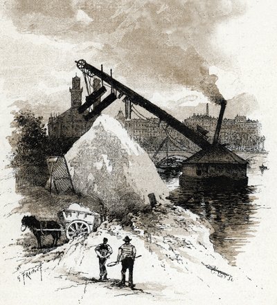 Niveladoras de arena en la orilla del Sena cerca del puente del Alma, París Dibujo de Gustave Fraipont (1849-1923) extraído de "La seine a travers Paris" de Saint-Juirs de Gustave Fraipont