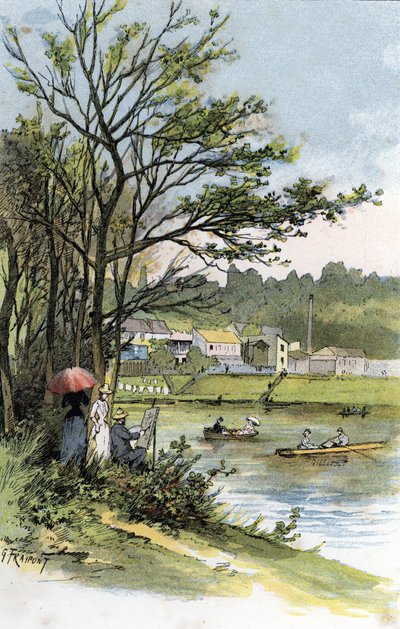 Paseantes dominicales a orillas del Sena en Bas-Meudon (Meudon-sur-Seine) Dibujo de Gustave Fraipont (1849-1923) de Saint-Juirs de Gustave Fraipont