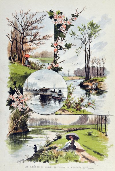El borde del Marne: de Charenton a Nogent en 1887. Ilustración de Gustave Fraipont (1849-1923) Grabado de 1887 en “Paris-Illustrous journal weekly”. de Gustave Fraipont