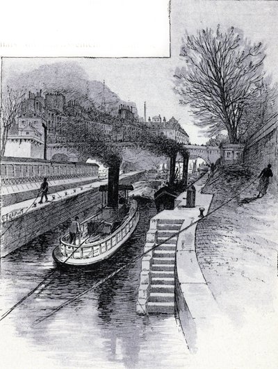 Remolcadores de la esclusa del Sena frente al Hotel des Monnaie, París Dibujo de Gustave Fraipont (1849-1923) de Saint-Juirs de Gustave Fraipont