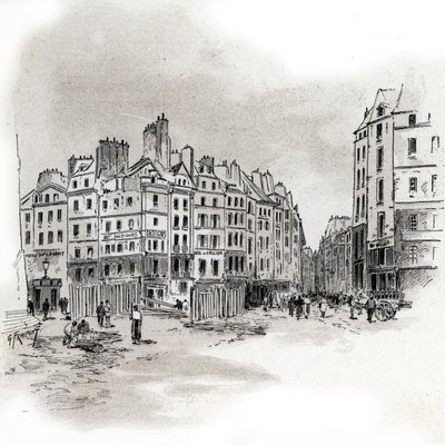 Vista de la plaza Maubert, París Dibujo de Gustave Fraipont (1849-1923) extraído de "La seine a travers Paris" de Saint-Juirs de Gustave Fraipont