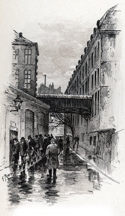 Vista de una pensión de mala muerte en la calle de la Bucherie en el barrio de Maubert, París Dibujo de Gustave Fraipont (1849-1923) de Saint-Juirs de Gustave Fraipont
