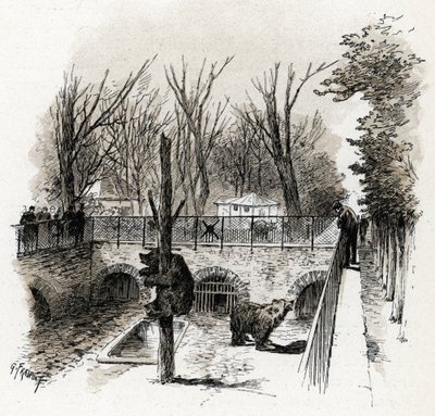 Vista de la fosa de los osos en el Zoo du Jardin des Plantes, París Dibujo de Gustave Fraipont (1849-1923) extraído de "La seine a travers Paris" de Saint-Juirs de Gustave Fraipont