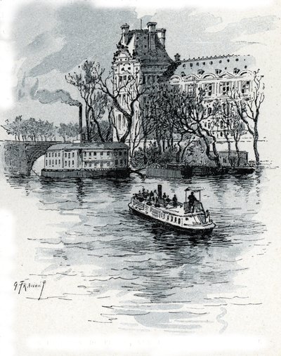 Vista del Pavillon de Flore, Palais du Louvre, desde el Quai Voltaire, París (Vista de la sección Pavillon de Flore del palacio del Louvre desde el quai Voltaire, París) Dibujo de Gustave Fraipont (1849-1923) de Saint-Juirs de Gustave Fraipont