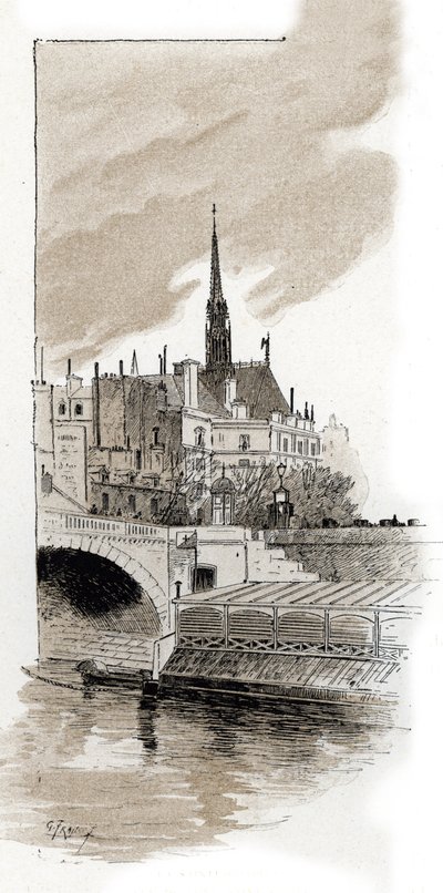 Vista de la Sainte Chapelle desde el puente St Michel, París (Vista de la Sainte-Chapelle desde el puente St Michel, París) Dibujo de Gustave Fraipont (1849-1923) extraído de "La seine a travers Paris" de Saint-Juirs de Gustave Fraipont