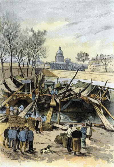 Vista del mercado de manzanas en barcazas sobre el río Sena, cerca del Hotel de Ville, París Dibujo de Gustave Fraipont (1849-1923) de Saint-Juirs de Gustave Fraipont