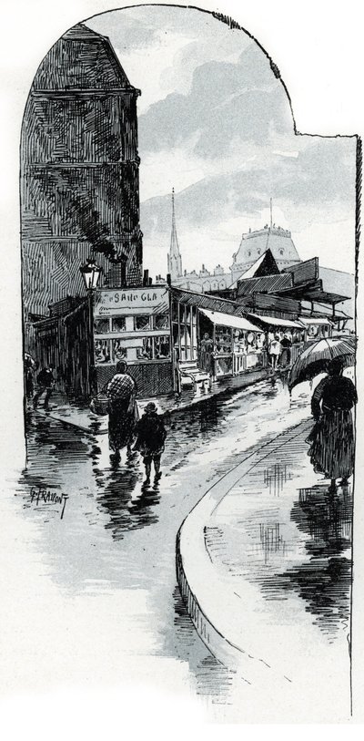 Vista de los brocanteurs en la esquina de la rue de la bucherie en París (Tiendas de segunda mano en la rue de la Bucherie, París) Dibujo de Gustave Fraipont (1849-1923) extraído de "La seine a travers Paris" de Saint-Juirs de Gustave Fraipont