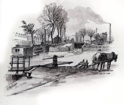 Vista del canal Saint-Denis y del muelle de la Gironde en la Villette, París (View of the canal saint Denis and quai de la Gironde in the Villette district, paris) Dibujo de Gustave Fraipont (1849-1923) de Saint-Juirs de Gustave Fraipont