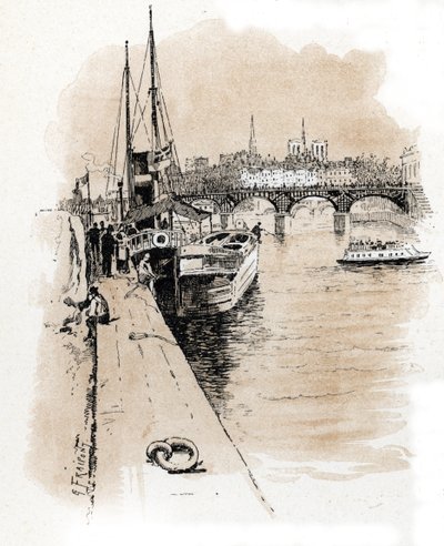 Vista de la compañía Seine et Thames cuyos barcos unen París y Londres Dibujo de Gustave Fraipont (1849-1923) extraído de "La seine a travers Paris" de Saint-Juirs de Gustave Fraipont