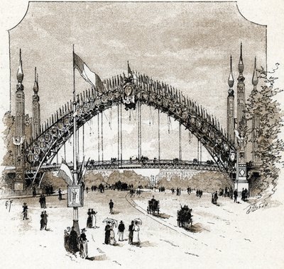 Vista de la pasarela del Puente del Alma durante la Exposición Universal de París de Gustave Fraipont