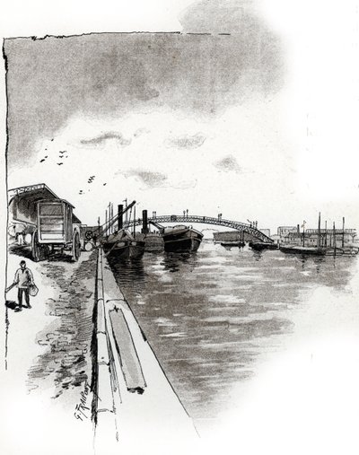 Vista de la pasarela del Canal de la Villette, París (Pasarela del Canal de la Villette, París) Dibujo de Gustave Fraipont (1849-1923) extraído de "La seine a travers Paris" de Saint-Juirs de Gustave Fraipont