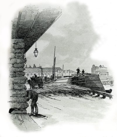 Vista de los hangares del puerto de La Villette en París (Boathouses and shed of the port of La Villette, Paris) Dibujo de Gustave Fraipont (1849-1923) extraído de "La seine a travers Paris" de Saint-Juirs de Gustave Fraipont