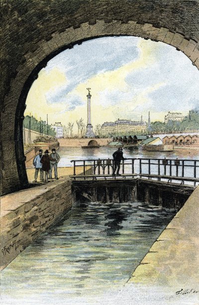 Vista de la esclusa del Canal Saint Martin en París Dibujo de Gustave Fraipont (1849-1923) extraído de "La seine a travers Paris" de Saint-Juirs de Gustave Fraipont