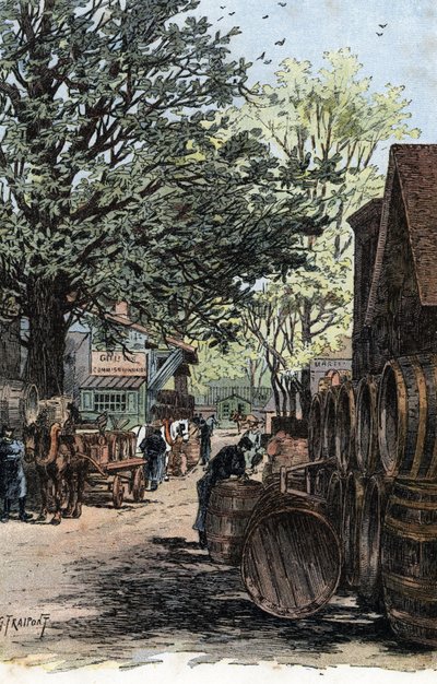 Vista del nuevo almacén de la calle Laroche, Bercy, París Almacenes de vino de la calle Laroche en Bercy, París) Dibujo de Gustave Fraipont (1849-1923) extraído de "La seine a travers Paris" de Saint-Juirs de Gustave Fraipont
