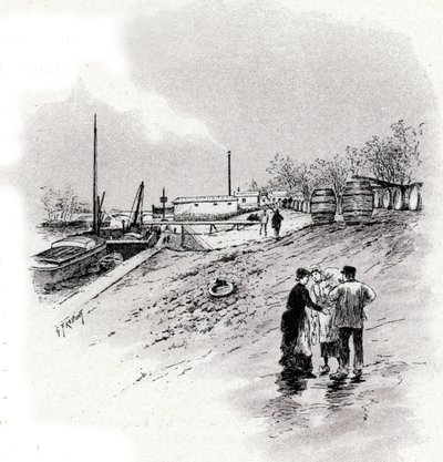 Vista de las orillas del Sena y del muelle Saint-Bernard, París Dibujo de Gustave Fraipont (1849-1923) extraído de "La seine a travers Paris" de Saint-Juirs de Gustave Fraipont