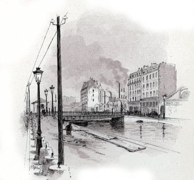 Vista del puente giratorio del quai de Valmy en el canal Saint Martin, París Dibujo de Gustave Fraipont (1849-1923) desde Saint-Juirs de Gustave Fraipont
