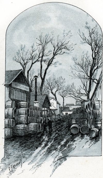 Vista del almacén de la rue de Sauternes, Bercy, París (Vista del almacén de la rue de Sauternes, Bercy, París) Dibujo de Gustave Fraipont (1849-1923) extraído de "La seine a travers Paris" de Saint-Juirs de Gustave Fraipont