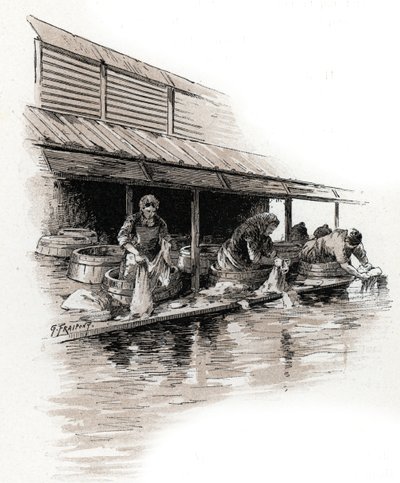 Lavanderas en el muelle de Valmy, orillas del canal Saint-Martin, parís Dibujo de Gustave Fraipont (1849-1923) extraído de "La seine a travers Paris" de Saint-Juirs de Gustave Fraipont