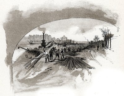 dechargement du fer sur le quai saint Bernard a Paris (Bocados de hierro descargados por los estibadores a orillas del Sena en el muelle Saint-Bernard de París) Dibujo de Gustave Fraipont (1849-1923) extraído de "La seine a travers Paris" de Saint-Juirs. de Gustave Fraipont