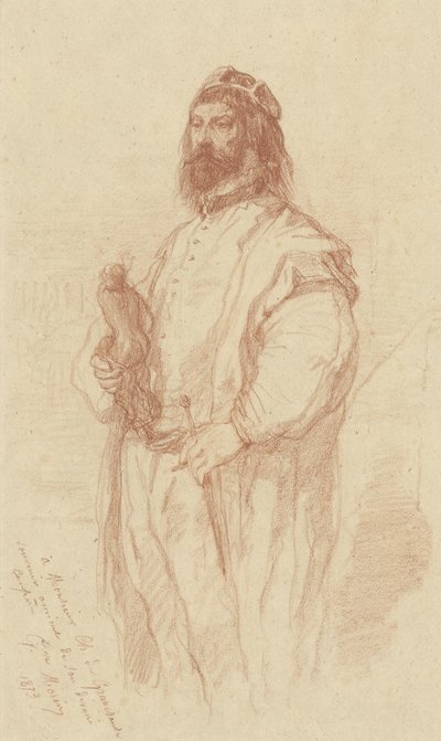 Hombre de pie con estatua de Gustave François Morin