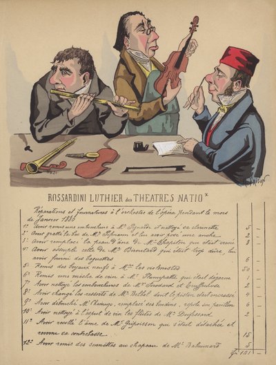 Proyecto de ley de instrumentos musicales para la orquesta de la ópera (litografía en color) de Gustave Frison