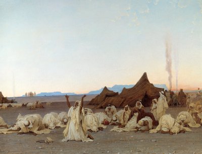 Oración vespertina en el desierto del Sahara (detalle del campamento tuareg) de Gustave Guillaumet